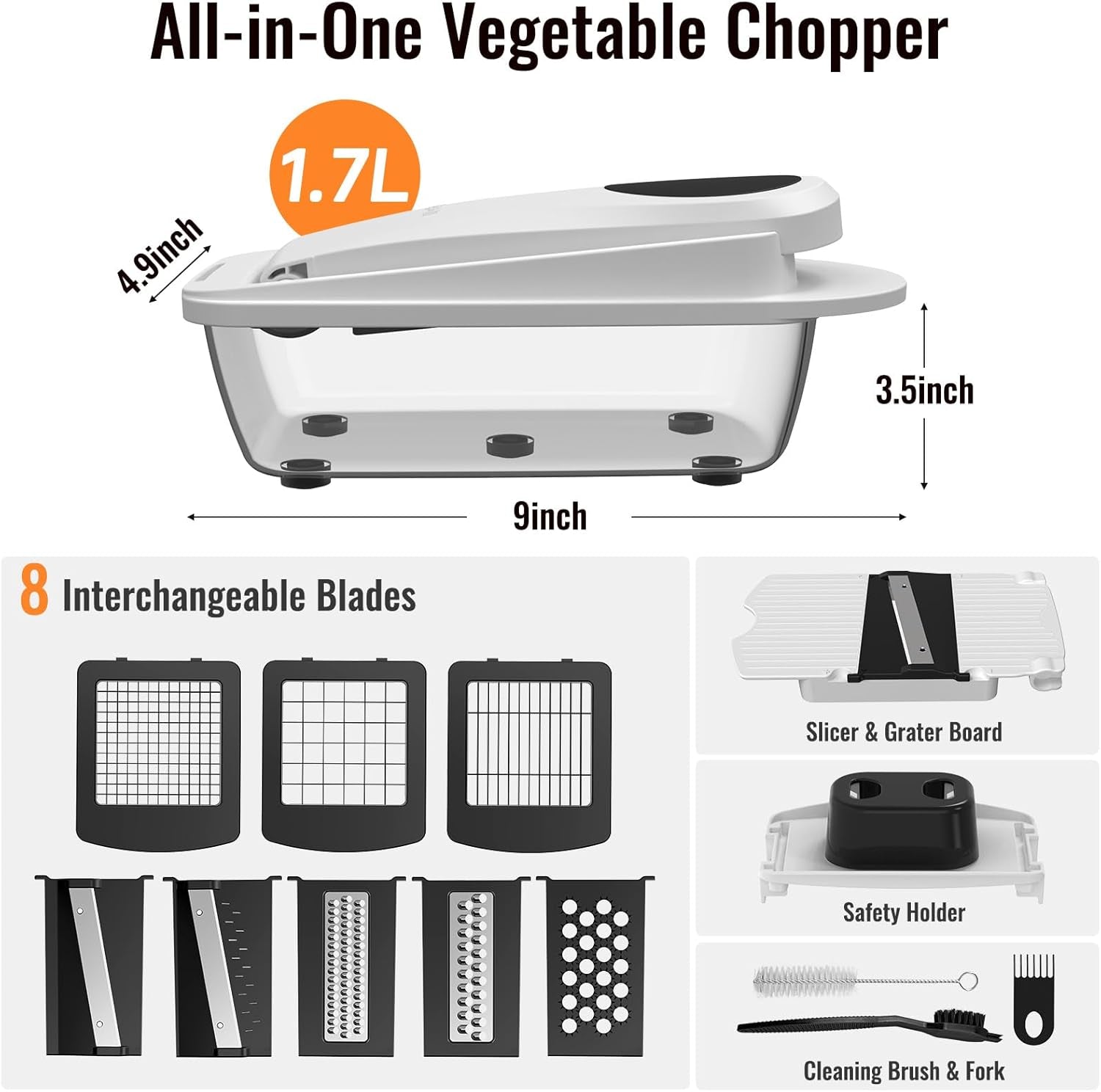 All 8 interchangeable blades laid out for the Albevo Vegetable Chopper