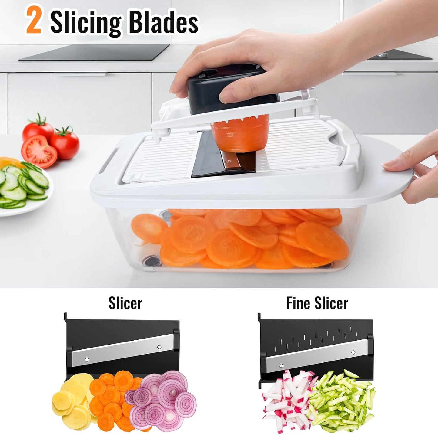 Close-up of stainless steel blades on the Albevo Vegetable Chopper