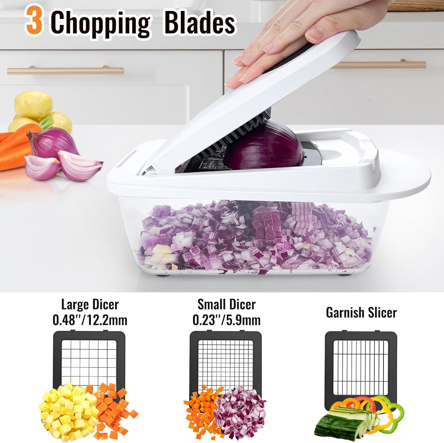 Freshly diced vegetables inside the built-in 1.7L container
