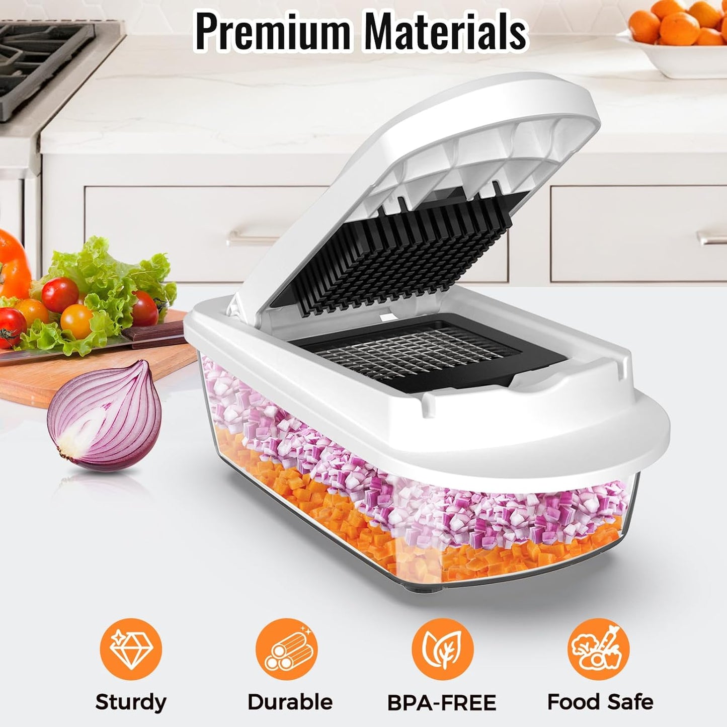 Chopping onions with the Albevo 8-Blade Chopper — no tears, no mess