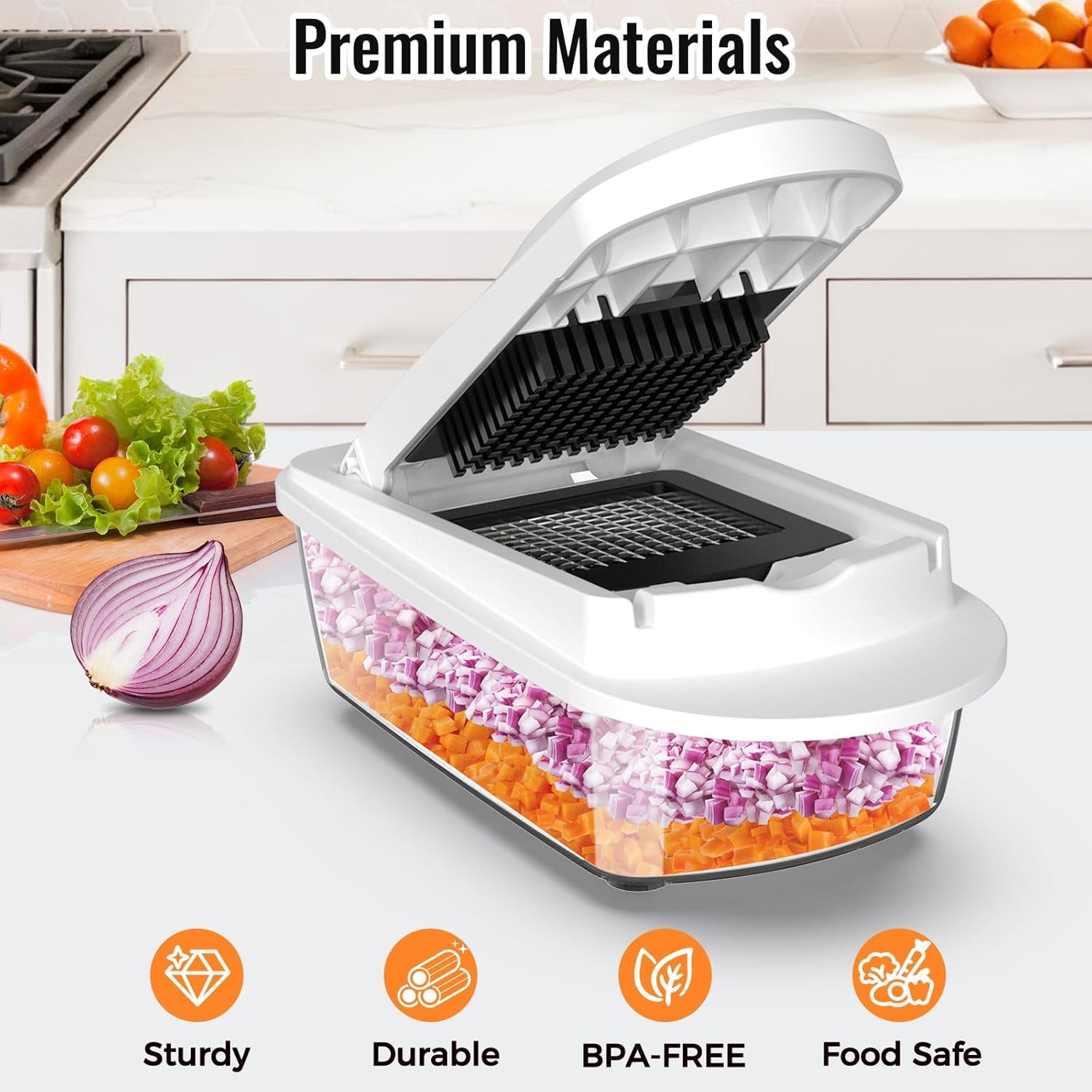 Chopping onions with the Albevo 8-Blade Chopper — no tears, no mess