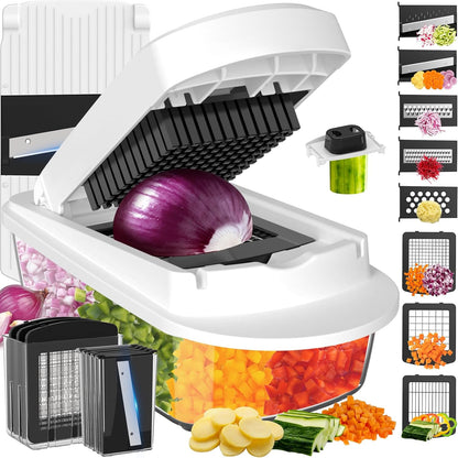 Albevo 8-Blade Vegetable Chopper front view with built-in container