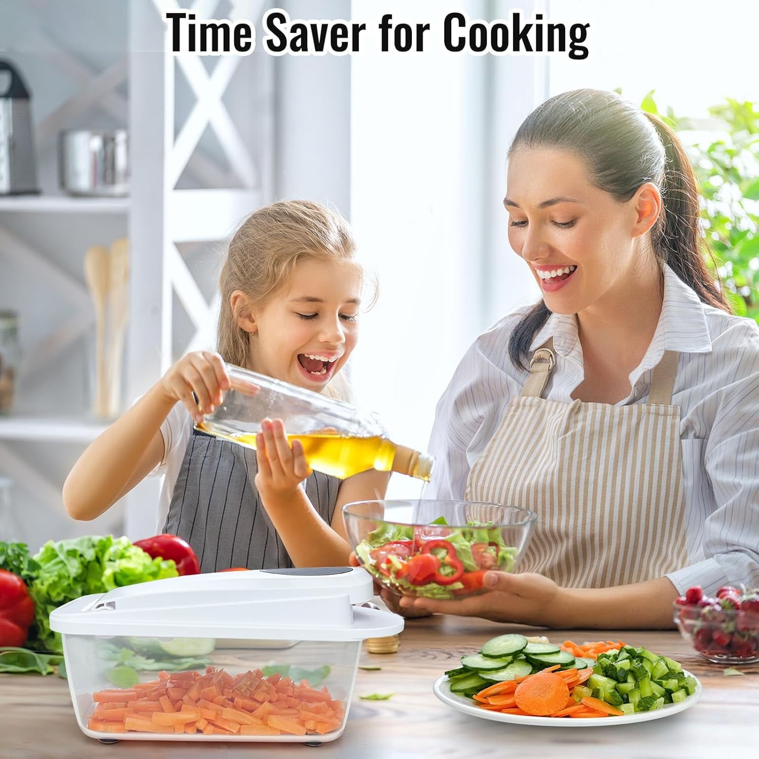 Albevo 8-Blade Vegetable Chopper in use during weeknight meal prep